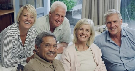 Poster - Group of mature friends on sofa with smile on face, bonding and relax together in living room. Portrait, senior men and women on couch with happiness, retirement and fun on social weekend in home.