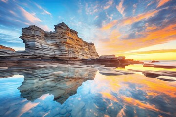 Canvas Print - colorful sunset reflecting on cliff face and sea