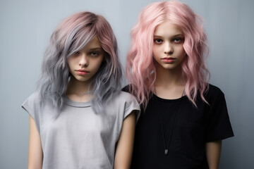 Wall Mural - Portrait of two beautiful alternative girls with colored dyed hair