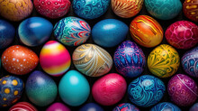 Top View Of Colorful Decorated Easter Eggs. Easter Celebration Concept