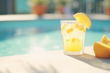 Wall Mural - frosty glass filled with lemonade next to a pool with floating lemons