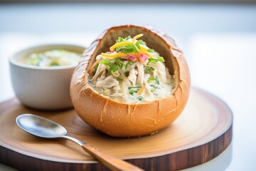 Sticker - clam chowder in bread bowl with spoon