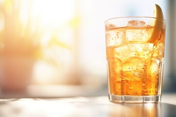 Wall Mural - closeup of condensation on iced herbal tea glass in sunlight