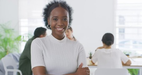 Wall Mural - Face, black businesswoman and confident in office and positive consultant in career in workplace. Young african person, portrait or arms crossed in job pride, project manager or professional agency