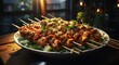 A mouthwatering assortment of grilled meat skewers from various cuisines, including yakitori, souvlaki, and churrasco, is displayed on a table, enticingly waiting to be savored as a delectable street
