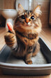 happy Cute cat sitting in litter box and looking sideways shows paw thumbs up, animal care concept