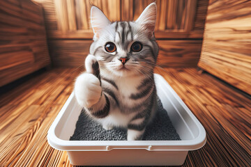 happy Cute cat sitting in litter box and looking sideways shows paw thumbs up, animal care concept