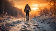 As The Sky Transitions From A Misty Fog To A Fiery Sunset, A Lone Hiker Braves The Cold And Treks Through The Snowy Landscape, Their Silhouette A Testament To The Beauty And Resilience Of Nature In T