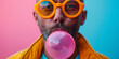 Portrait of Maltese man blowing bubble gum, wearing neon goggles,pastel color
