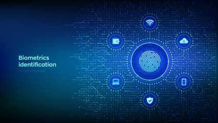 Wall Mural - Fingerprint scanning. Biometrics identification. Personal Data protection. Cyber Security. Private secure safety. Background with circuit board connections and tech icons. Vector Illustration.