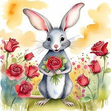 Greater Bilby Holding In Its Hands Rose Flower Illustration. Colorful Australian Animal Watercolor Valentine Painting. Macrotis In Front Of Spring Desert.