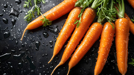 Wall Mural - Fresh carrots with water drops on dark background