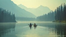 Woman And Man, Couple Kayaking On A Serene Lake