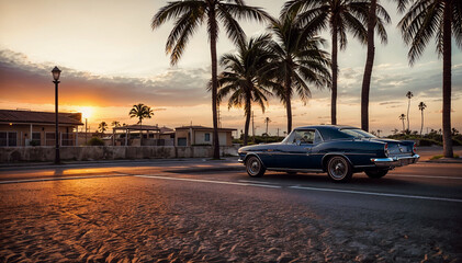 A vintage retro car is parked near the beach against the backdrop of sunset and silhouettes of palm trees. Decorative background, concept of summer, travel, holidays and freedom.	