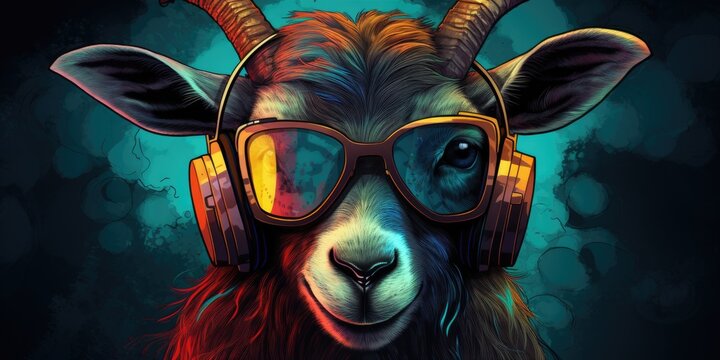a goat that is wearing stylish sunglasses and headphones in a dark green background