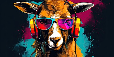 a portrait of a goat with stylish sunglasses and yellow headphones on a colorful painted background