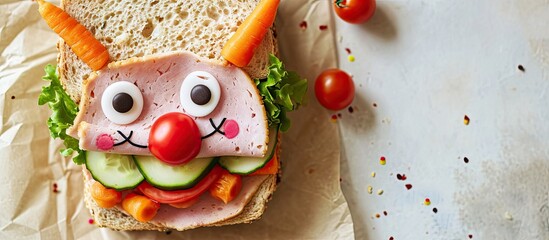 Wall Mural - Fun food for kids cute smiling clown face on ham sandwich decorated with fresh cucumber carrots and tomatoes for a healthy lunch for children Creative cooking idea. Copy space image