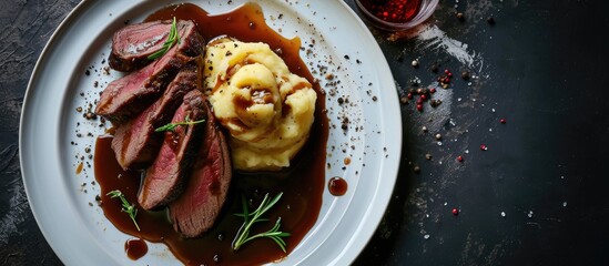 Canvas Print - Roast beef smothered in demi glace gravy with mashed potatoes on white plate Top view. Copy space image. Place for adding text