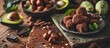 Raw chocolate avocado truffles with chopped hazelnuts. Copy space image. Place for adding text