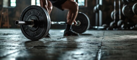 Canvas Print - person doing workout and put on a weght disc on a barbell dumbbell. Copy space image. Place for adding text