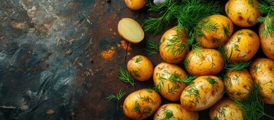 Wall Mural - Boiled new potatoes seasoned with dill and butter Top view. Copy space image. Place for adding text