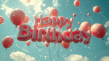 Poster - Happy Birthday pink air balloons with many confetti  on blue sky background with sunlight 