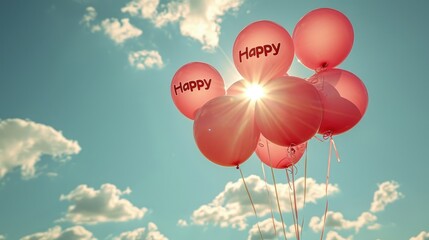 Wall Mural - Happy text on pink air balloons on blue sky background with sunlight 