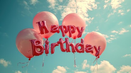 Poster - Happy Birthday pink air balloons on blue sky background with sunlight 