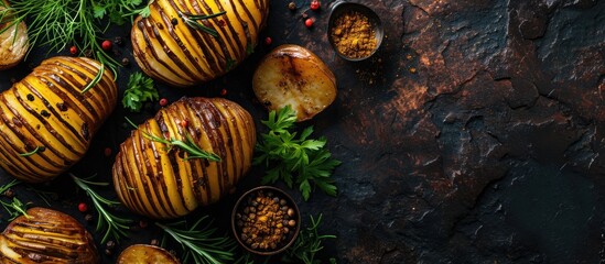 Canvas Print - Hasselback potatoes with meat and herbs. Copy space image. Place for adding text