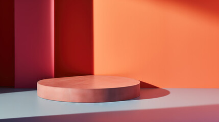 Sticker - Pedestal in colorful room with shadows on the wall. Rich colored podium scene for product display