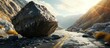 A huge rock fell from the mountains onto the road destroying the asphalt and blocking half of the roadway. Copy space image. Place for adding text