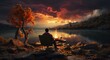 As the sun sets over the tranquil lake, a lone figure sits in contemplation, surrounded by the fiery hues of nature and the cooling touch of a gentle breeze