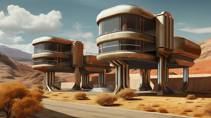 Wall Mural - Retro futuristic architecture in sci-fi scene on the desert planet. Alien landscape with nostalgic retro future constructions