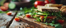 Showcase With One Vegetable Vegan Sandwich In A Cafe Bread For Take Away With Cheese Tomatoes Cucumbers And Green Leaf And Salad. Copy Space Image. Place For Adding Text