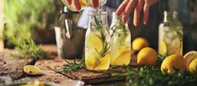 Female Hand Put Lemon In Glass Bottle Woman Preparing Making Detox Healthy Water With Lemon And Rosemary Fresh Lemonade In Glass On A White Table At Home Summer Drink. Copy Space Image