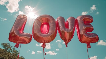 Poster - pink LOVE air balloons on blue sky background with sunlight 