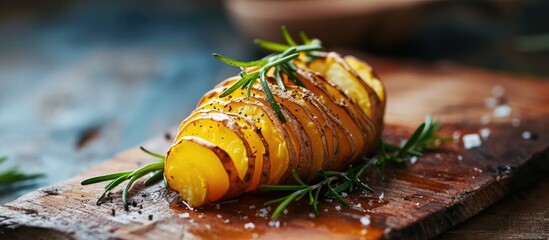 Sticker - baked hasselback potato with cheddar cheese and rosemary. Copy space image. Place for adding text