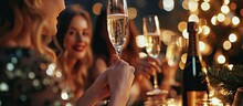 Happy Dinner Party And Woman With Glass Of Champagne For Special Celebration Event Friendship Reunion Or New Year Fine Dining Restaurant Friends And Elegant Girl With Alcohol Drink To Celebrate