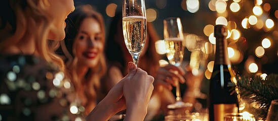 Happy dinner party and woman with glass of champagne for special celebration event friendship reunion or New Year Fine dining restaurant friends and elegant girl with alcohol drink to celebrate