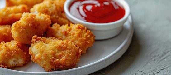 Canvas Print - Fried crispy chicken nuggets with ketchup on white board. Copy space image. Place for adding text