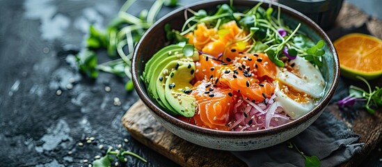 Wall Mural - Homemade salmon bowl with avocado. Copy space image. Place for adding text