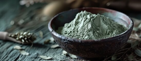 Poster - Green bentonite clay powder in a bowl Clay texture close up Diy mask and body wrap recipe Natural beauty treatment and spa. Copy space image. Place for adding text