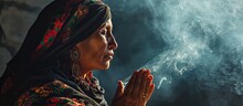 Mexican Latin Woman With Traditional Clothes Doing Cleansing And Spiritual Meditations Shaman With Black Shawl Long Hair Pensive And Concentrated Among Incense Smoke Together Praying