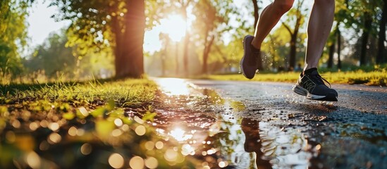 Drinking water and staying hydrated Person running in the park trying shoe next to bottle of water. Copy space image. Place for adding text