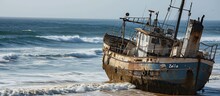 Shipwreck Of The Fishing Trawler Zeila Skeleton Coast Namibia. Copy Space Image. Place For Adding Text