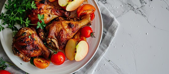 Canvas Print - duck legs baked with apples and tomatoes on white plate close up view from above horizontal. Copy space image. Place for adding text