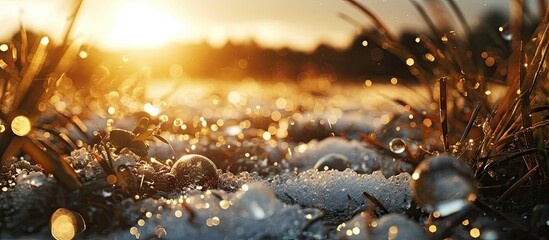 Canvas Print - Macro photo of large hailstones in a meadow. Copy space image. Place for adding text