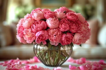 Sticker - Pink peony flowers in glass vase on the table, for mother’s day