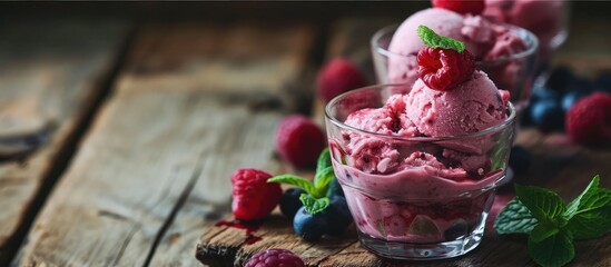 Poster - Raspberry ice cream with berries and mint served in glasses on an old wooden table selective focus. Copy space image. Place for adding text