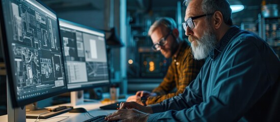 Industrial Designer Has Discussion with Senior Engineer While Working in CAD Program Designing New Component He Works on Personal Computer with Two Monitors. Copy space image. Place for adding text